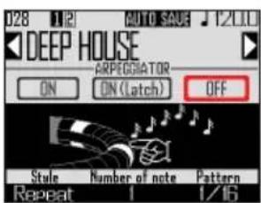 028 1/2 AUTO SAVE 121.10 DEEP HOUSE ARPECTOR ON ON (Latch) OFF Style Number of note Pattern Repeat 1/16