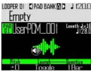 LOOPER 01 PAD BANK 120.0 Empty PAD 01 UserPCM_001 Length J×16 128.0 Pitch Launch Quantize +0 Toggle 1Bar