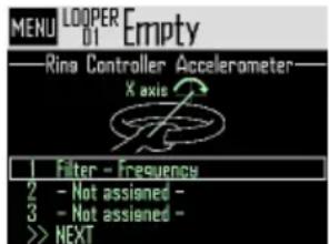 MENU LOOPER Empty —Rina Controller Accelerometer— X axis 1 Filter - frequency 2 - Not assigned - 3 - Not assigned - >> NEXT