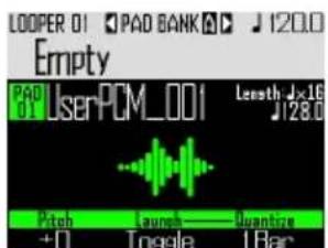 LOOPER 01 PAD BANK 120.0 Empty PAD 01 UserPCM_001 Length Jx16 J128.0 Pitch Launch Quantize +0 Toggle U Bar