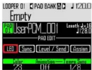 LOOPER 01 PAD BANK 120.0 Empty PAD d1 UserPCM_001 Length Jx16 J128.0 PAD EDIT LED Sync Level / Send Assign Color Animation — Tape Sono 23 Off 1/8