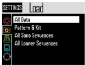 SETTINGS Load All Data Pattern & Kit All Sono Sequences All Looper Sequences