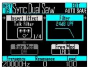 INST 09 Sync Dual Saw + Insert Effect Talk Filter 1/4 Rate Mod Diff Frequency Resonance 20000Hz Filter 24dB LPF Freq Mod Fill Level AUTO SAVE