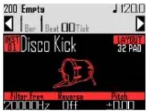 200 Empty 120.0 Bar Beat 00 Tick INST 01 Disco Kick LAYOUT 32 PAD Filter Focus Reverse Pitch 20000Hz Off +000