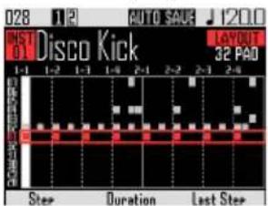 028 112 AUTO SAVE 120.0 SST Disco Kick LAYOUT 32 PAD 1-1 1-2 1-3 1-4 2-1 2-2 2-3 2-4 Stop Duration Last Step