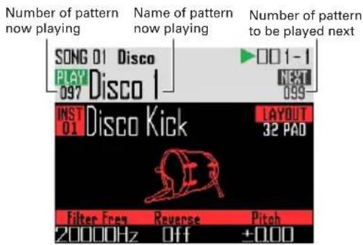 Number of pattern now playing SONG 01 Disco PLAY 097 Disco 1 Name of pattern now playing □□1-1 NEXT 099 Number of pattern to be played next INST 01 Disco Kick LAYOUT 32 PAD Filter From Reverse Pitch 20000Hz Off +000