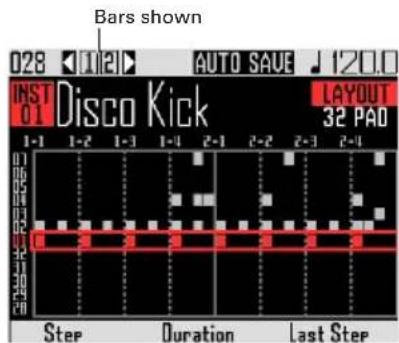 Bars shown 028 12 120.0 INST 01 Disco Kick LAYOUT 32 PAD 1-1 1-2 1-3 1-4 2-1 2-2 2-3 2-4 Step Duration Last Step