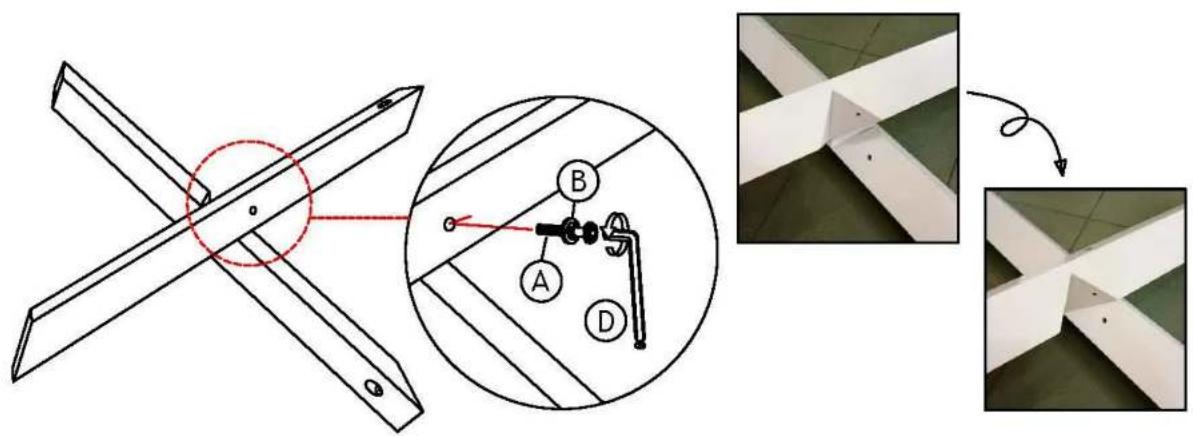 Technical diagram showing structural connection and component assembly with labeled parts A, B, and D