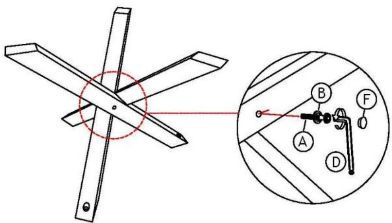 Technical diagram showing a mechanical assembly with labeled parts A, B, C, D and a magnified inset of a component with points A, B, C, D, F.