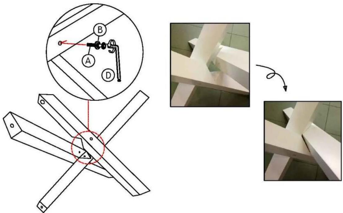 Technical diagram showing structural components and assembly steps with labeled parts A, B, D, including a magnified inset of a window detail.