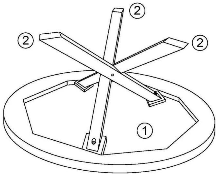 Technical diagram of a mechanical assembly with labeled components 1, 2, and cross-shaped features