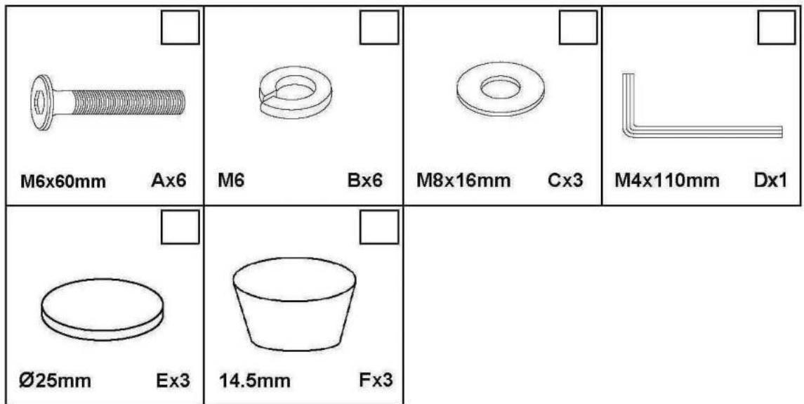 M6x60mm Ax6 M6 Bx6 M8x16mm Cx3 M4x110mm Dx1 Ø25mm Ex3 14.5mm Fx3