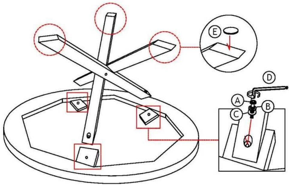 Technical diagram illustrating a mechanical assembly with labeled components and a magnified inset showing detail views A, B, C, D.