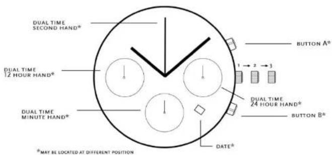 DUAL TIME SECOND HAND* DUAL TIME 12 HOUR HAND* DUAL TIME MINUTE HAND* * MAY BE LOCATED AT DIFFERENT POSITION BUTTON A* 1 → 2 → 3 DUAL TIME 24 HOUR HAND* BUTTON B* DATE*