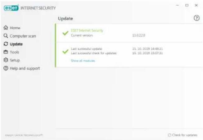 ESOT INTERNET SECURITY Update Home Computer scan Update Tools Setup Help and support ESB Internet Security Current version 13.0.22.0 Last successful update 15.10.2019 14:48:21 Last successful check for updates 15.10.2019 15:07:31 Show all modules ENDS LAPER TECHNOLOGY Check for updates