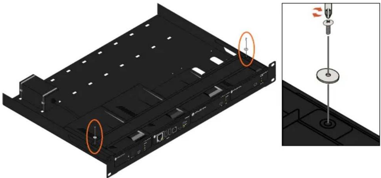 3D diagram of a server rack with labeled components and a close-up view showing screwdriver installation (no text or symbols)