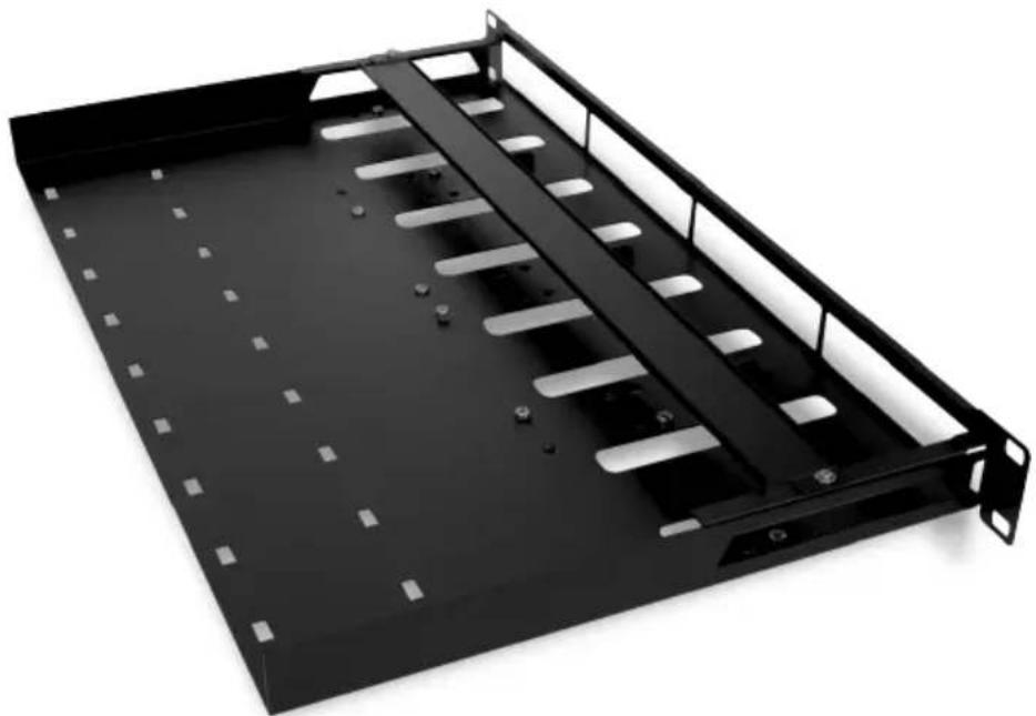 Black metal server rack with vertical slots and mounting holes (no text or symbols visible)