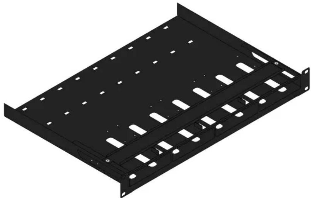3D rendering of a black server rack with mounting holes and ventilation slots (no text or symbols)