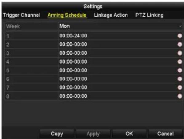 Settings Trigger Channel Arming Schedule Linkage Action PTZ Linking Week Mon 1 00:00-24:00 2 00:00-00:00 3 00:00-00:00 4 00:00-00:00 5 00:00-00:00 6 00:00-00:00 7 00:00-00:00 8 00:00-00:00 Copy Apply OK Cancel