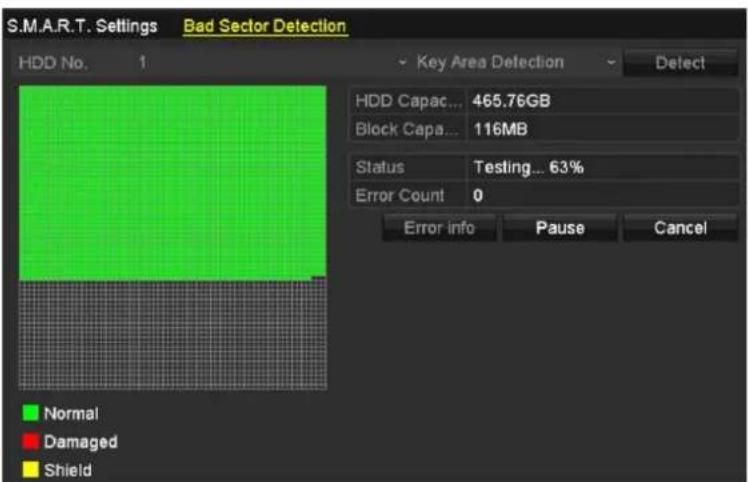 S.M.A.R.T. Settings Bad Sector Detection HDD No. 1 Key Area Detection Detect HDD Capac... 465.76GB Block Capa... 116MB Status Testing... 63% Error Count 0 Error info Pause Cancel Normal Damaged Shield