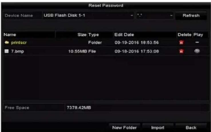Reset Password Device Name USB Flash Disk 1-1 Refresh Name Size Type Edit Date Delete Play printscr Folder 09-19-2016 18:53:56 7.bmp 10.55MB File 09-18-2016 17:53:08 Free Space 7378.42MB New Folder Import Back