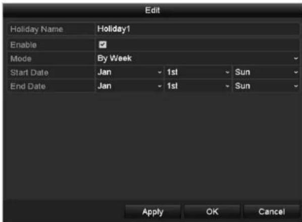 Edit Holiday Name Holiday1 Enable Mode By Week Start Date Jan 1st Sun End Date Jan 1st Sun Apply OK Cancel
