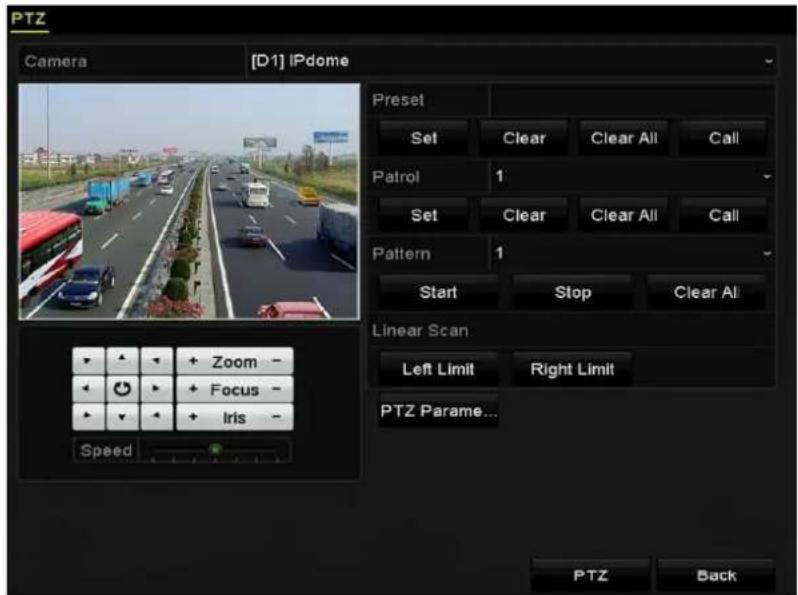 PTZ Camera [D1] IPdome Preset Set Clear Clear All Call Patrol 1 Set Clear Clear All Call Pattern 1 Start Stop Clear All Linear Scan Left Limit Right Limit PTZ Parame... Speed Zoom - Focus - Iris - PTZ Back