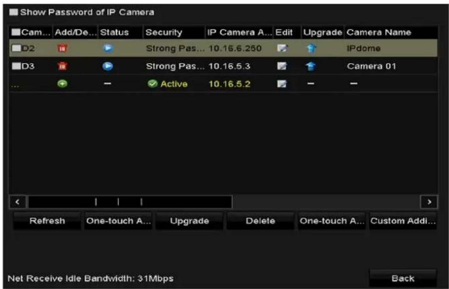Show Password of IP Camera Cam... Add/De... Status Security IP Camera A... Edit Upgrade Camera Name D2 Strong Pas... 10.16.6.250 IPdome D3 Strong Pas... 10.16.5.3 Camera 01 Active 10.16.5.2 Refresh One-touch A... Upgrade Delete One-touch A... Custom Addi... Net Receive Idle Bandwidth: 31Mbps Back