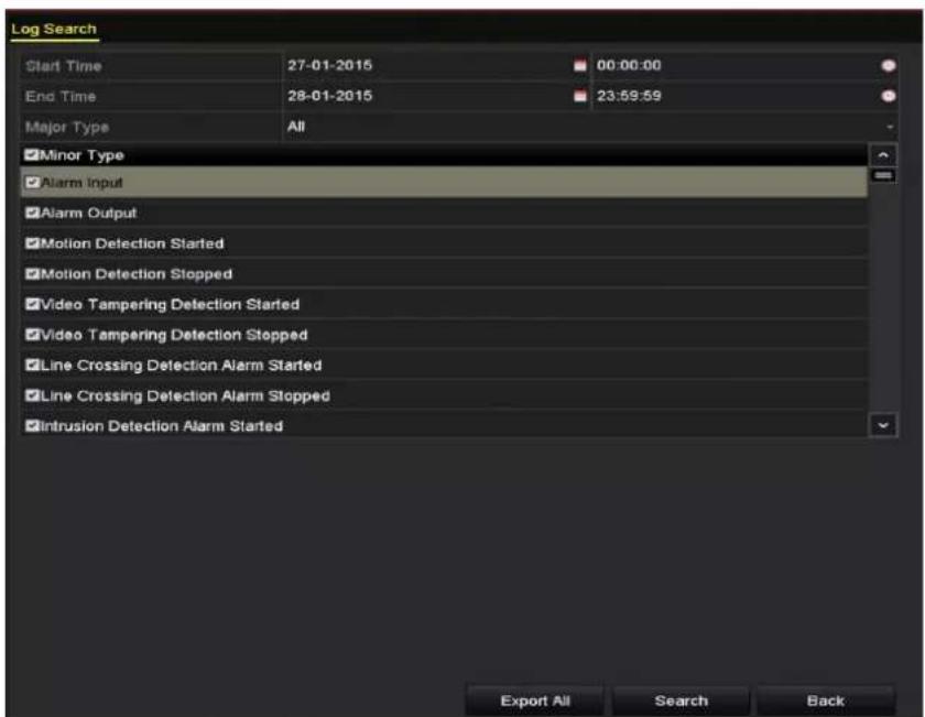 Log Search Start Time 27-01-2015 00:00:00 End Time 28-01-2015 23:59:59 Major Type All ✓Minor Type ✓Alarm Input ✓Alarm Output ✓Motion Detection Started ✓Motion Detection Stopped ✓Video Tampering Detection Started ✓Video Tampering Detection Stopped ✓Line Crossing Detection Alarm Started ✓Line Crossing…