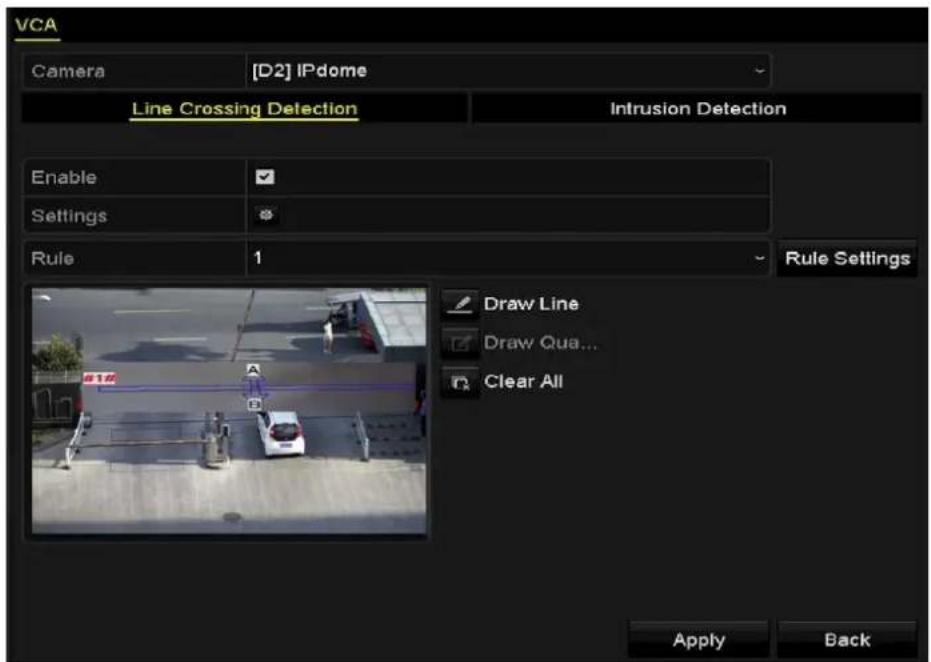 VCA Camera [D2] IPdome Line Crossing Detection Intrusion Detection Enable ✓ Settings ✓ Rule 1 Rule Settings Draw Line Draw Qua... Clear All Apply Back