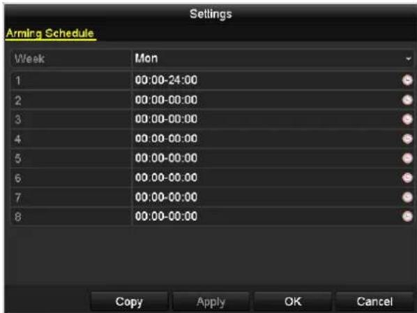 Settings Arming Schedule Week Mon 1 00:00-24:00 2 00:00-00:00 3 00:00-00:00 4 00:00-00:00 5 00:00-00:00 6 00:00-00:00 7 00:00-00:00 8 00:00-00:00 Copy Apply OK Cancel