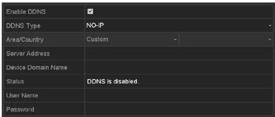 Enable DDNS DDNS Type NO-IP Area/Country Custom Server Address Device Domain Name Status DDNS is disabled. User Name Password