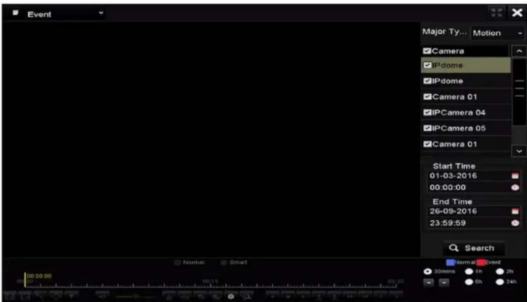 Event Major Ty... Motion ✓Camera ✓IPdome ✓IPdome ✓Camera 01 ✓IPCamera 04 ✓IPCamera 05 ✓Camera 01 Start Time 01-03-2016 00:00:00 End Time 26-09-2016 23:59:59 Search Normal Smart Normal Event 30mins 1h 2h 6h 24h