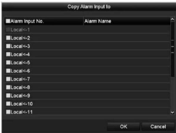 Copy Alarm Input to ■Alarm Input No. Alarm Name ■Local<-1 ■Local<-2 ■Local<-3 ■Local<-4 ■Local<-5 ■Local<-6 ■Local<-7 ■Local<-8 ■Local<-9 ■Local<-10 ■Local<-11 OK Cancel