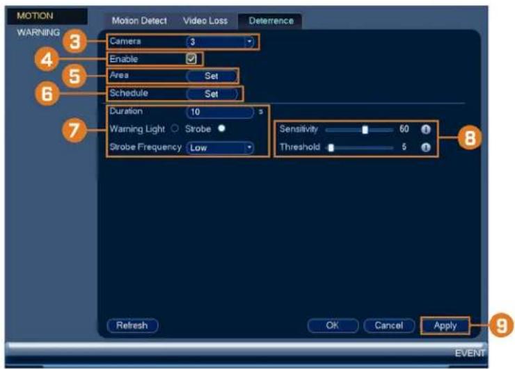 Lorex NK163-85CB - To configure deterrence settings: - 1