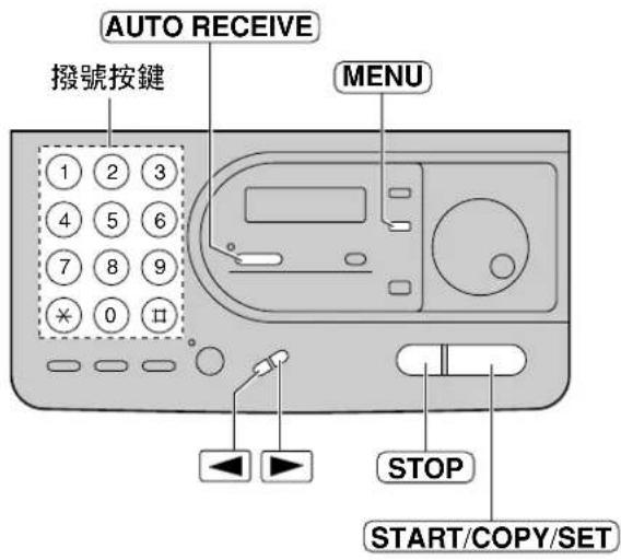AUTO RECEIVE 撥號按鍵 MENU 1 2 3 4 5 6 7 8 9 * 0 口 STOP START/COPY/SET