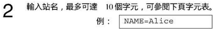 2 輸入站名,最多可達 10個字元,可參閱下頁字元表。 例: NAME=Alice