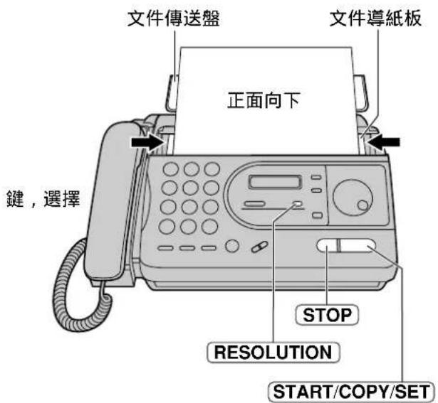 文件傳送盤 文件導紙板 正面向下 鍵,選擇 STOP RESOLUTION START/COPY/SET