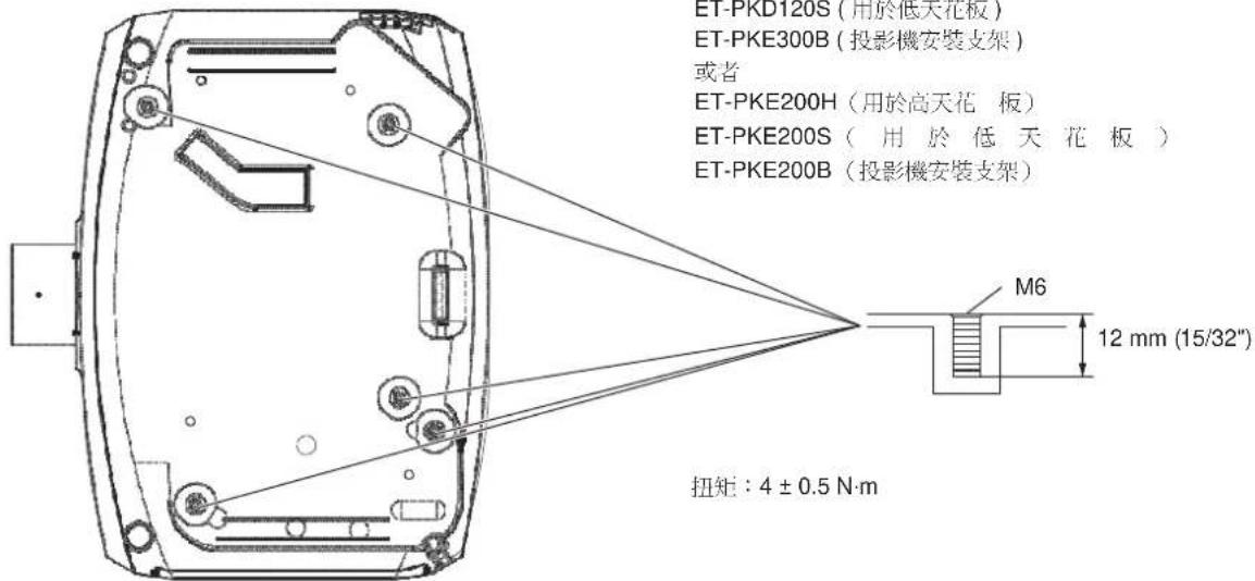 ET-PKD120S (用於低天花板) ET-PKE300B (投影機安裝支架) 或者 ET-PKE200H (用於高天花板) ET-PKE200S (用於低天花板) ET-PKE200B (投影機安裝支架) M6 12 mm (15/32") 扭矩: 4 ± 0.5 N·m