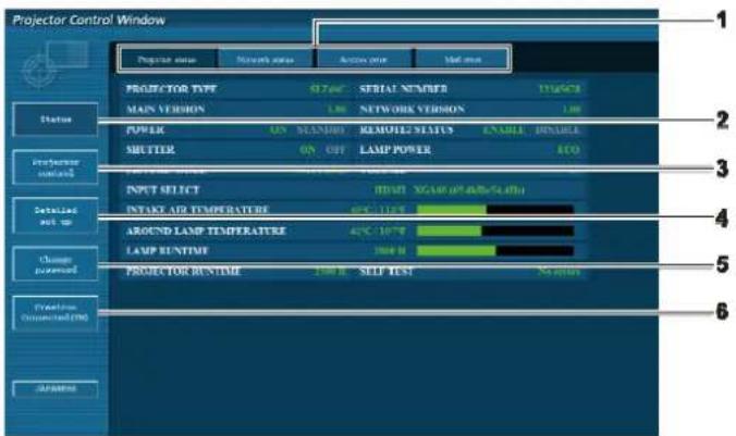 Projector Control Window 1 2 3 4 5 6 Projector control Status Performance control Setpoint set up Change password Production Connected(0%) Parameters Projector TYPE 57.7m³ SERIAL NUMBER 111623 MAIN VERSION LOW NETWORK VERSION LOW POWER ON STANDARD REMOTE STATUS ENABLE ENABLE SHUTTER ON OFF LAMP POWE…