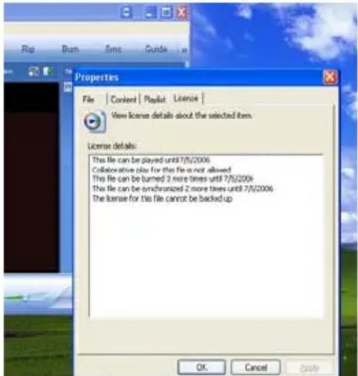 Rip Bam Time Guide Properties File | Content | Playlist | License | View license details about the selected item. License details: This file can be played until 7/5/2006 Collaborative play for this file is not allowed This file can be burned 3 more times until 7/5/2006 This file can be synchronized 2 more times until 7/5/2006 The license for this file cannot be backed up OK Cancel Apply