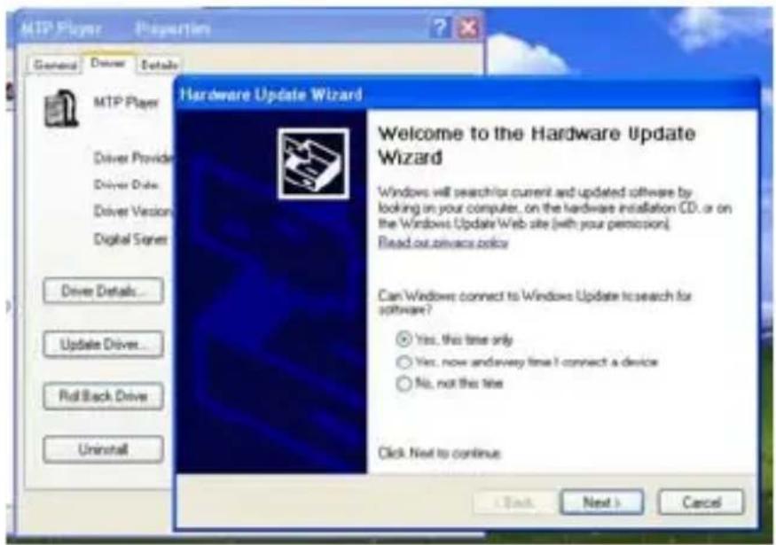 MTP Player Properties General Driver Details MTP Player Driver Provider Driver Data Driver Version Digital Server Driver Details... Update Driver... Roll Back Drive Uninstall Hardware Update Wizard Welcome to the Hardware Update Wizard Windows will search/lox current and updated software by looking on your computer, on the hardware installation CD, or on the Windows Update Web site (with your permission). Read out.03mbox.03pc Can Windows connect to Windows Update to search for software? Yes, this time only Yes, now andevery time I connect a device No, not this time Click Next to continue Next > Cancel