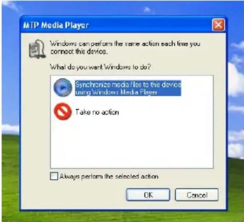 MTP Media Player Windows can perform the same action each time you connect this device. What do you want Windows to do? Synchronize media files to this device using Windows Media Player Take no action Always perform the selected action OK Cancel