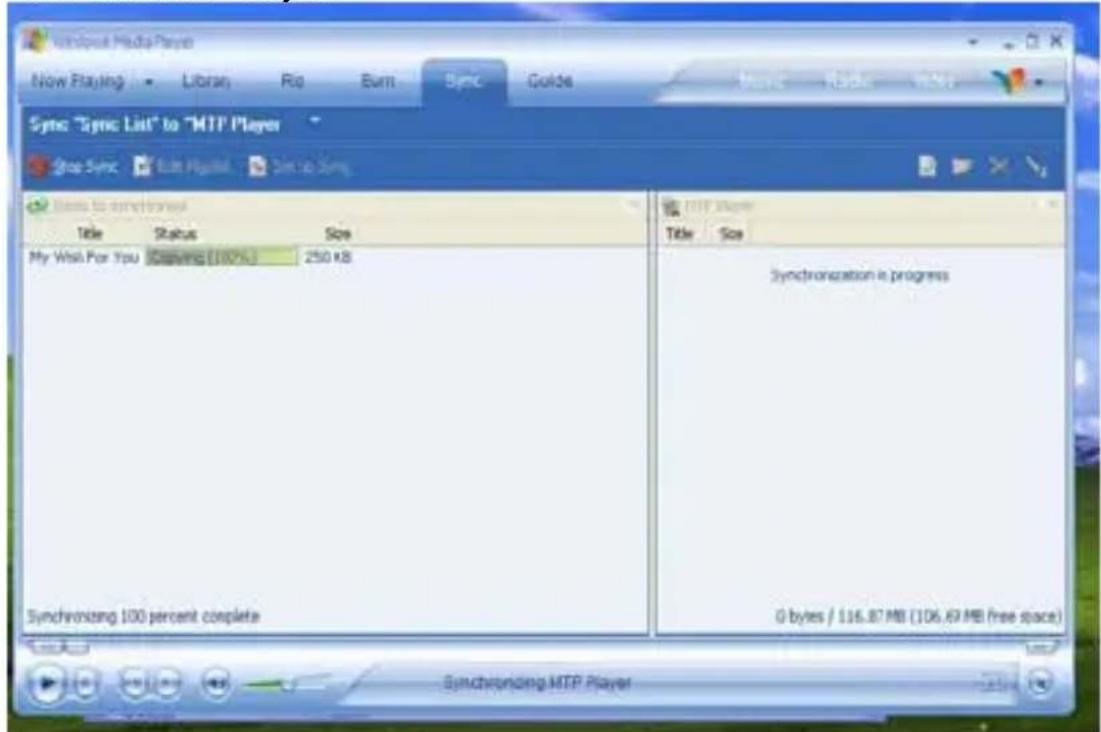 Sync Sync List to "MTP Player Sync Sync Edit Profile Edit to Sync Items to synchronous Title Status Size My Wisp For You Closing (100%) 250 KB Synchronizing 100 percent complete Synchronization is progress 0 bytes / 116.87 MB (106.67 MB free space) Synchronizing MTP Player