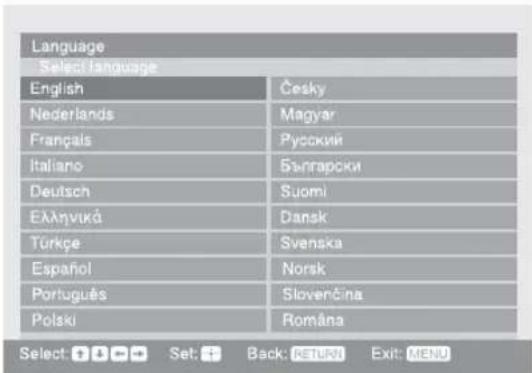 Language Select language English Cesky Nederlands Magyar Français Ryocskii Italiano Български Deutsch Suomi Еланыкá Dansk Türkpe Svenaka Español Norsk Português Slovenčina Polski Romána Select: + + → Set: + Back: RETURN Exit: MENU