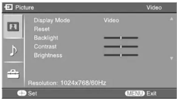 Picture Display Mode Reset Backlight Contrast Brightness Video Resolution: 1024x768/60Hz Set MENU Exit