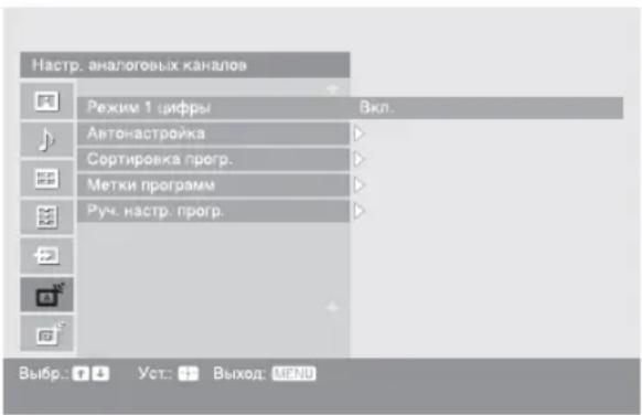 Настр. аналоговых каналов Режим 1 цифры Вкл. Автонастройка Сортировка прогр. Метки программ Руч. настр. прогр. Выбр.: Уст.: Выход: MENU