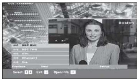 001 BBC ONE 002 BBC TWO 003 ITV1 004 Channel 6 005 Live Populations Next Setup Select: Exit: Open Info: