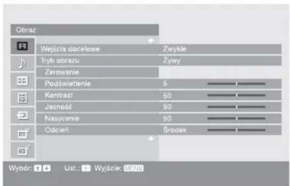 Obraz Wejścia docelowe Zwykie Tryb obrazu Żywy Zerowanie Podświetlenie 5 Kontrast 50 Jasność 50 Nascycenie 50 Odcień Środek Wybor: Ust.: Wyjście: MEND
