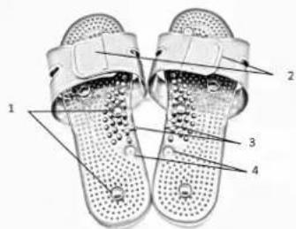Technical diagram of a pair of footshells with numbered labels pointing to different foot areas.